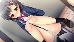 asa_no_ha black_hair blush game_cg kneehighs lowres pachi_pachi_soft pachi_pachi_soft_kuro panties peeing peeing_self school_uniform shimazaki_yui short_hair skirt tagme toilet toilet_use white_panties young