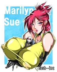 1girls 1other akatsuki_blitzkampf alternate_breast_size ambiguous_gender areola areolae asian assassin bash-inc big_breasts blitztank blush bracelet bracelets breasts elbow_gloves en-eins_perfektewelt female gigantic_breasts gloves huge_breasts implied_paizuri large_breasts latex latex_gloves lipstick looking_at_viewer marilyn_sue_dajie nipples object_paizuri pigtails qipao simulated_paizuri tank text visible_nipples
