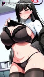 1girls 2025 ai_assisted ai_generated anime artist_name bangs big_breasts big_breasts big_breasts big_chest black_bra black_hair black_legwear black_panties black_underwear blue_archive blunt_bangs blush bra breast breasts breasts breasts bust busty chest cleavage clothes_lift curvy earrings female_focus female_only hi_res high_quality high_resolution highres jewelry large_breasts long_hair navel panties patreon patreon_username plump red_eyes rio_(blue_archive) skindentation skypassion solo stable_diffusion thick_thighs thighhighs thighs underwear very_long_hair watermark