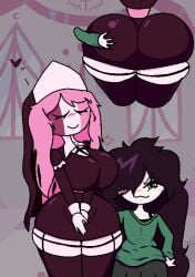 1girl1futa 1girls ass big_ass big_breasts bubble_butt closed_eyes dark_hair ellie_(ilterpng) female flat_chest friday_night_funkin friday_night_funkin_mod futanari groping groping_ass habit hand_on_butt huge_ass huge_breasts ilterpng intersex midfight_masses nun nun_outfit oblivious pale_skin pink_hair sarvente sarvente_(dokki.doodlez) sarvente_(friday_night_funkin) silly simple_background simple_coloring simple_shading smiling smug smug_face smug_grin thick_ass thick_thighs thin_waist wide_hips