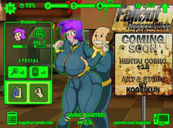 ass blush bodysuit breast_fondling breast_grab breasts clothed comic cover curvy fallout fallout_shelter female from_behind gameplay_mechanics green_eyes groping groping_from_behind groping_through_clothes huge_ass huge_breasts jumpsuit kogeikun male purple_hair surprised vault_suit wendolin wide_eyed