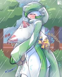 coat coat_only electricity electrostimulation erect_clitoris erect_nipples erect_nipples_under_clothes erection erection_under_clothing gardevoir joltik lactating long_nipples milk_squirt pokemon pokemon_(species) public_indecency public_nudity rain rain_coat raining tmogumi transparent_clothing