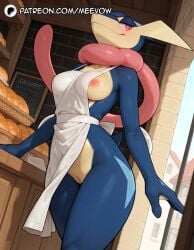 1girls ai_generated animal_ears animal_nose apron areola artist_name ass blue_sky blush body_fur bread breasts closed_mouth collarbone colored_skin cowboy_shot day dutch_angle english_text female food furry furry_female greninja happy indoors looking_to_the_side meevow multicolored_skin naked_apron nipple nipples outdoors pokémon_(species) pokemon pokemon_(species) pokemon_\\\\\\\\(creature\\\\\\\\) pokephilia pussy red_eyes shiny sky smile snout solo standing sweat tail thick_thighs thighs uncensored vagina vulva watermark white_apron