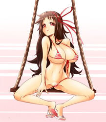 ayame_(senran_kagura) bikini_bottom_pull breasts brown_hair cleavage erect_nipples evildei female gradient_background large_breasts long_hair micro_bikini navel pussy red_eyes ribbon sandals senran_kagura senran_kagura_(series) sitting smile solo spread_legs striped_background striped_bikini swing