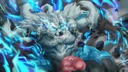 2d anthro bear big_penis black_body black_fur blue_eyes clovishusky electricity erection fur genitals glowing glowing_eyes league_of_legends male male_only mammal muscular muscular_male nude penis riot_games solo steamy_breath tagme tencent vein veiny_penis volibear white_body white_fur