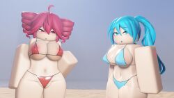 2girls 3d areolae beach big_breasts bikini blue_eyes blue_hair female female_only hatsune_miku huge_breasts k_rrrquy kasane_teto light-skinned_female micro_bikini pussy red_eyes red_hair roblox twintails vocaloid voluptuous wide_hips