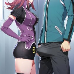 1boy 1girls ai_generated boner darklust erection erection_under_clothes female hands_on_hips katori_youko male mikumo_osamu red_hair standing uniform world_trigger