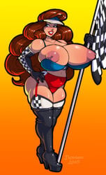 1girls 2015 areola bimbo breasts brown_hair busty checkered_flag cleavage demien female garter_straps high_heel_boots high_heels large_breasts long_hair nipples platform_heels race_queen red_hair solo standing voluptuous