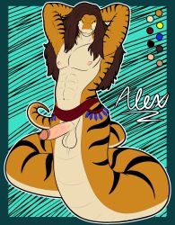 alexander717 alexander717_(artist) anthro apode bottomwear brown_hair clothing draconcopode genitals hair hands_behind_head hi_res humanoid_genitalia humanoid_penis legless loincloth male muscular muscular_anthro muscular_male naga orange_body penis serpentine smile smiling_at_viewer solo striped_body stripes yellow_eyes