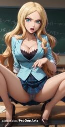 1girls ai_generated assassination_classroom blazer blonde_hair blue_eyes blue_jacket blue_skirt bra breasts chalk chalkboard classroom cleavage collarbone desk female hi_res high_heels irina_jelavic jacket large_breasts long_hair looking_at_viewer open_mouth panties pantyshot parted_bangs patreon_username plaid plaid_skirt pleated_skirt progenarts school_uniform sitting skirt solo spread_legs underwear white_panties
