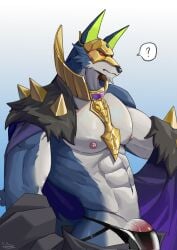 abs anthro anubian_jackel black_bottomwear black_clothing black_pants blue_body blue_fur bottomwear bulge canid canine canis cape cheek_tuft clothed clothing dislyte dustookami erection facial_hair facial_tuft fur genitals glistening glistening_clothing glistening_underwear goatee gold_mask green_inner_ear hi_res humanoid_genitalia humanoid_penis jackal jewelry jockstrap latex latex_clothing latex_underwear lilith_games looking_at_viewer male mammal mask multicolored_body multicolored_fur muscular muscular_anthro muscular_male navel nipples open_bottomwear open_clothing open_pants pants pecs penis pink_nipples purple_cape purple_clothing question_mark red_eyes sander_(dislyte) simple_background solo speech_bubble tenting tuft two_tone_body two_tone_fur underwear white_body white_fur
