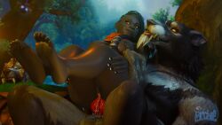 3d 3d_(artwork) anal anal_sex anthro anthro_on_female anthro_on_humanoid archif ass big_ass big_breasts dark-skinned_female dwarf_(warcraft) dwarf_female feet female female_on_top female_penetrated forest furry grey_fur holding_partner knot leaking_cum looking_at_partner nature outdoors sex shortstack tongue_out varian_hendrich warcraft watermark worgen worgen_male world_of_warcraft