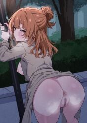 absurdres anus ass blush boku_no_kokoro_no_yabai_yatsu breasts bush censored coat commentary female hair_bun half_updo highres holding holding_pole lamppost long_hair looking_at_viewer looking_back mekato mosaic_censoring naked_coat night nipples orange_eyes orange_hair outdoors paid_reward_available pole presenting presenting_ass pussy sekine_moeko small_breasts smile steaming_body tree trench_coat