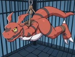 ai_generated bondage digimon guilmon reptile suspension tied_up