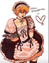 blue_lock crossdressing disgusted_look eszter_(bunnysno1hater) femboy fork gray_hair kunigami_rensuke maid maid_apron maid_headdress maid_outfit maid_uniform male male_focus male_only not_porn plate sfw strawberry