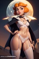 1girls ai_generated ass_visible_through_thighs black_cape black_choker bra bracelet breasts brown_eyes cameltoe cape choker contrapposto cowboy_shot earrings female fingernails full_moon garter_belt garter_straps hand_on_own_hip hanna-barbera hi_res jane_jetson jewelry lingerie lips looking_at_viewer makeup medium_breasts mole moon nail_polish navel necklace night nose orange_hair panties parted_lips pendant progenarts red_nails short_hair sky solo standing stomach the_jetsons thick_eyebrows thighhighs thighs underwear white_bra white_garter_belt white_panties white_thighhighs