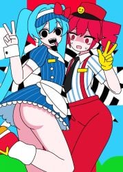 2d 2d_(artwork) 2girls ass ass_focus black_eyes blue_hair blush clothed clothed_female clothing curvy curvy_female curvy_figure detached_cuffs female female_focus female_only flat_chest fully_clothed hat hatsune_miku hips hypnosis hypnosis kasane_teto kasane_teto_(sv) large_ass mesmerizer_(vocaloid) mesmerizer_miku mesmerizer_teto necktie no_panties peace_sign petite petite_female raised_leg red_eyes red_hair scared scared_expression sharp_teeth simple_background skirt slim_girl slim_waist sparkling_eyes sweat sweatdrop sweating synthesizer_v thick_thighs thighs tongue tongue_out twin_drills twintails upskirt utau vocaloid