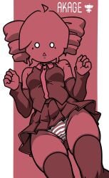 1girls 2d 2d_(artwork) ahoge akage_(vocaloid) ass_visible_through_thighs breasts cameltoe clothed clothed_female clothing dot_eyes female female_only fully_clothed kasane_teto kasane_teto_(akage) low-angle_view medium_breasts moltarhailk223 mv_character panties partially_visible_vulva red_body red_hair simple_background skindentation skirt solo solo_female striped_panties surprised_expression thick_thighs thighhighs thighs triangle_mouth upskirt utau vulva white_eyes wide_hips