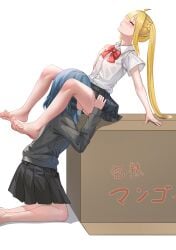 2girls absurdres ahoge arm_support barefoot blonde_hair blue_hair blush bocchi_the_rock! bow bowtie box cardboard_box clenched_hand closed_eyes collared_shirt commentary_request feet grey_skirt grey_sweater hair_ornament hairclip hand_on_another's_thigh hand_on_own_chest highres ijichi_nijika implied_cunnilingus kneeling legs_up long_hair long_sleeves medium_hair multiple_girls no_legwear on_box parted_lips pleated_skirt ponytail_with_braided_base pussy_juice pussy_juice_puddle red_bow red_bowtie reiku09 school_uniform shimokitazawa_high_school_uniform shirt short_sleeves side_ponytail simple_background sitting sitting_on_box skirt straight_hair sweater toes translation_request variant_set white_background white_shirt wing_collar yamada_ryou yuri