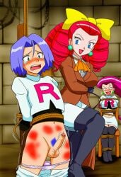 ai_generated balls bdsm blush bondage boots bruises dominant_female dungeon embarrassed embarrassed_nude_male erection female femdom hurt injured james_(pokemon) jessebelle_(pokemon) jessie_(pokemon) looking_away male pants_down penis pokemon pokemon_(anime) pokemon_(classic_anime) pokemon_anime riding_boots sex_dungeon shame submissive_male team_rocket team_rocket_uniform tears testicles tied tied_hands tied_legs tied_up twink underwear_down whip whip_marks whipping