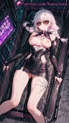 1girls 2025 ahoge ai_generated ass_visible_through_thighs bangs bare_shoulders black_dress braid breasts breasts_out dress earrings elbow_gloves epic_games female fortnite fortnite:_battle_royale hi_res highres jewelry large_breasts long_hair looking_at_viewer lying medium_breasts natsuyoru nipples on_back parted_lips patreon pussy rain red_eyes sabina_(fortnite) shiny short_dress silk solo spider_web sunglasses tinted_eyewear twin_braids vagina voluptuous voluptuous_female weapon white_hair