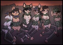 anthro bare_breasts big_breasts blue_eyes bottomless bottomless_female breasts camo camo_clothing camo_print canid canine canis clitoris clothed clothing corpse crowskull cute_fangs death domestic_dog eye_patch eye_roll eyewear eyewear_on_head fangs female female_death genitals goggles goggles_around_neck goggles_on_head group gunshot_wound heart_tattoo hi_res leggings legwear mammal medium_breasts military military_uniform natural_breasts navel nipples no_bra nude partially_clothed pattern_clothing piercing pussy ryona shot_in_chest shot_in_head shot_in_throat snout soldier tattoo teeth tongue tongue_out tongue_piercing trench trench_warfare uniform unzipped unzipped_jacket vulva warrior zipper