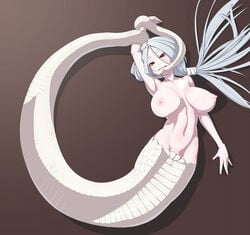 breasts female gradient_background hime_eyebrows kemurin lamia large_breasts long_hair monster_girl mouth_hold nipples nude red_eyes silver_hair solo