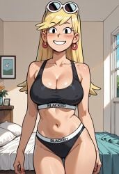 1girls ai_generated bedroom blacked blacked_clothing blonde_hair blush breasts civitai cleavage earrings female grin indoors large_breasts leni_loud long_hair looking_at_viewer nickelodeon panties smile solo sunglasses the_loud_house