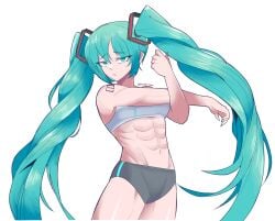 abs anime_girl emmarrgus female gym_uniform hatsune_miku huge_hair muscular muscular_female muscular_legs repost six_pack sports_bra stretching toned_arms