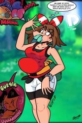 devouring dp1up female hands-free may_(pokemon) mouth_closed mouthful pokemon pokemon_(species) pokemon_trainer red_clothing sexy shorts spit taller_girl teeth tounge vore vore_belly