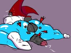 anthro ass balls blue_clothing clothing dart genitals hi_res kreteny lagomorph leporid male mammal pain penis rabbit red_ears solo superhero tranquilizer