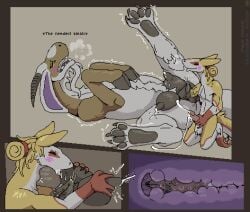 anthro black_claws black_hooves black_horn black_pawpads black_teats bodily_fluids bovid brown_body brown_fur caprine claws cloven_hooves comic dragon duo ejaculation erection female feral fisting fur furred_dragon furred_scalie genital_fluids goat hi_res hooves horn hybrid larger_penetrated male male/female mammal mustard_(welcometothevoid) mythological_creature mythological_scalie mythology nude nude_anthro nude_female pawpads penetration scalie sergal size_difference swiss_(mustard) teats thyme_(mustard) vaginal_fisting vaginal_fluids vaginal_penetration vaginal_penetration white_body white_fur yellow_body yellow_fur