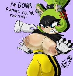 angry anthro areolae big_breasts breasts dialogue female huge_breasts lifting_shirt mobian_(species) nipples shirt_lift shorties_tavern simple_background sonic_(series) sonic_the_hedgehog_(series) surge_the_tenrec
