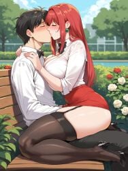 1boy ai_generated ass bench bible_black blush bow bowtie breasts brown_hair cleavage couple curvy earrings female fingering from_side garter_belt garter_straps high_heels hug huge_ass huge_breasts implied_sex jewelry kissing lipstick long_hair makeup male_focus mature_female minase_taki non-web_source on_bench outdoors pants park pencil_skirt public_indecency red_hair school_uniform shirt short_hair sideboob sitting sitting_on_lap sitting_on_person skirt straddling takashiro_hiroko teacher teacher_and_student thick_thighs thighhighs thighs very_long_hair