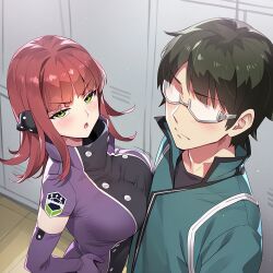 1boy 1girls ai_generated black_hair blush breast_press breasts darklust female glasses green_eyes katori_youko male mikumo_osamu red_hair standing uniform world_trigger
