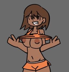 1girl 1girls breasts dark-skinned_female exposed_breasts exposed_nipples female femkel_(omori) kel_(omori) kkt05 large_breasts lifting_shirt mtf_crossgender no_shading omori rule_63 shirt_lift simple_background tagme