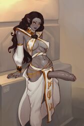 1futa big_penis black_hair breasts clothed clothing dark_skin dark_skinned_futa elenda_the_dusk_rose elf_ears erection foreskin futa_only futanari huge_cock intersex looking_at_viewer nanodeath partially_clothed partially_retracted_foreskin penis retracted_foreskin solo solo_futa standing uncircumcised uncut vampire yellow_eyes