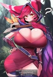 ai_assisted ai_generated angry angry_expression angry_face breasts breasts_bigger_than_head bulging_breasts caption captions cattlec cleavage cloak clothed_breasts clothed_female curvy_figure edit edited english_text female gigantic_breasts hand_on_hip hoodie hourglass_figure huge_breasts imminent_rape imminent_sex league_of_legends light-skinned_female narrow_waist oblivious pov question_mark red_hair talking_to_viewer thick_thighs tight_clothing vastaya wide_hips xayah