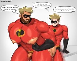 2boys age_difference big_pecs clothed clothing cosplay cosplay_sex dash_parr dialogue disney english_text father_and_son from_behind gay incest kinktober kinktober_2025 looking_back male male/male male_only mature_male mr._incredible muscular muscular_male nipples pecs pixar robert_parr sex sunnisummit text the_incredibles yaoi younger_male
