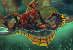 anal anal_sex dakotaraptor darlsol' detox_(detoxtheraptor) dinosaur dorsal_frill dromaeosaurid duo erection feathered_dinosaur feathered_scalie feathers feral feral_on_bottom feral_on_feral feral_on_top feral_penetrated feral_penetrating feral_penetrating_feral floating floating_on_water frill_(anatomy) genitals kusovai_(novera) lying male male/male male_on_bottom male_on_top male_penetrated male_penetrating male_penetrating_male obscured_penetration on_back on_bottom on_top penetration penis prehistoric_species reptile scalie sex shallow_penetration size_difference smaller_penetrated spinosaurid spinosaurus standing standing_on_another standing_on_partner tail theropod water winged_arms wings