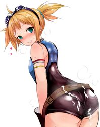 ahoge ass bare_shoulders belt blonde_hair blue_eyes blush cum cum_on_ass cum_on_body cum_on_clothes cum_on_lower_body female from_behind granblue_fantasy grin han_(jackpot) heart leotard looking_at_viewer looking_back nose_blush pantylines pengy_(granblue_fantasy) short_hair short_twintails simple_background smile solo thick_thighs tied_hair twintails white_background wide_hips