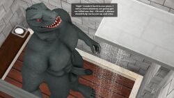 16:9 3d_(artwork) 4k abs absurd_res anthro balls bathing bathroom digital_media_(artwork) english_text epic_games erection fortnite genitals hi_res komodo_dragon lizard male meteorsmash monitor_lizard nude nude_anthro nude_male pecs penis red_eyes reptile scalie shower shower_room showering solo text thunder_(fortnite) widescreen