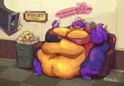 1girls anthro ass belly breasts cleavage clipboard couch dessert dragon dragon_horns evkemart fat female female_focus female_only food hair_covering_eye hair_over_one_eye hips horns laptop large_ass large_breasts obese obese_female office office_clothing office_lady overweight overweight_female purple_body purple_hair sitting stomach thick_thighs thighs twinkie weight_gain wide_hips