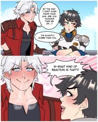 1boy 1girls 2d black_hair blue_eyes blush capcom dangerousbride dante_(devil_may_cry) devil_may_cry dialogue ear_blush english_text female funny green_eyes heart heart-shaped_pupils heavy_blush heterochromia lady_(devil_may_cry) male red_eyes smiling speech_bubble steam text very_high_resolution white_hair
