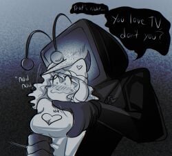 1boy1girl big_breasts black_and_white blush blushing breast_grab breast_grab_from_behind breasts closed_mouth creepy creepy_smile deltarune deltarune_chapter_3 dialogue dialogue_bubble english_dialogue enthusiastic_consent female gloves grabbing_another's_breast grabbing_from_behind groping groping_breasts groping_from_behind i_love_tv keyhole_turtleneck larger_male male male/female mewmewds no_eyes nodding object_head oc original_character pointy_nose smaller_female smile speech_bubble static talking talking_to_another tenna_(deltarune) tv tv_head undertale undertale_(series) whispering_into_ear