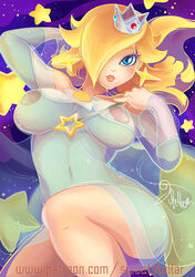 1girls blonde_hair breasts busty crown dress earrings female female_only gradient_background hair_over_one_eye human looking_at_viewer mario_(series) navel nintendo nipples princess_rosalina see-through solo space star_(sky) stomach super_mario_galaxy sweetstellar wand