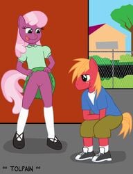 anthro anthrofied big_macintosh_(mlp) blonde_hair blush bottomless cheerilee_(mlp) dress duo earth_pony equine exhibitionism female flashing friendship_is_magic fur green_eyes half-dressed horse male mammal multicolored_hair my_little_pony open_mouth pony purple_fur pussy skirt skirt_lift smile straight tolpain two_tone_hair upskirt