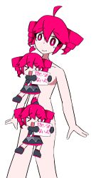 1female 1girl 1girls 2d 2d_(artwork) 2d_artwork ahoge antenna_hair casual casual_exposure casual_nudity censored chibi collarbone completely_nude covered_breasts covered_nipples covered_pussy female female_focus female_only human japanese_text kasane_teto kasane_teto_(utau) light-skinned_female light_skin magenta_eyes magenta_hair mv_character non_sexual_nudity nonsexual_nudity open_eyes simple_background smile solo solo_female solo_focus text twin_drills twindrills utau utauloid white_background