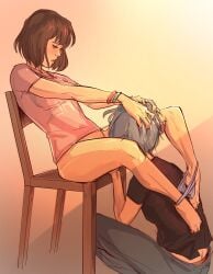 2d afterlaughs blue_hair bottomless brown_hair chloe_price cunnilingus life_is_strange max_caulfield oral panties panties_around_ankles pink sitting