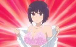 1girls bangs bare_chest bare_shoulders blunt_bangs blush blush_lines bob_cut breast_focus breasts busty cleavage closed_mouth exhibitionism exhibitionist female female_focus female_only flashing flashing_breasts floral_print floral_print_bra gradient_background hana_sunomiya hi_res high_resolution huge_breasts lingerie long_sleeve_shirt long_sleeves looking_at_viewer open_shirt petite petite_body pink_bra pink_lingerie please_don't_bully_me _nagatoro presenting presenting_breasts pulled_by_self purple_hair red_eyes school_uniform schoolgirl screencap shirt showing_breasts solo solo_focus teen teenage_girl teenager undressed upper_body white_shirt
